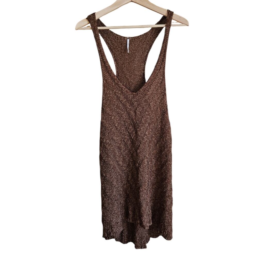 Free People Size Medium Metallic Bronze Chunky Knit Racerback Tank Tunic Sweater